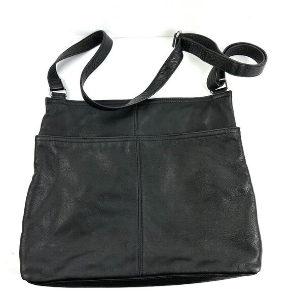 Margot Crossbody Bag Double Zip Black Leather Handbag Silver Accent Purse - Picture 2 of 10